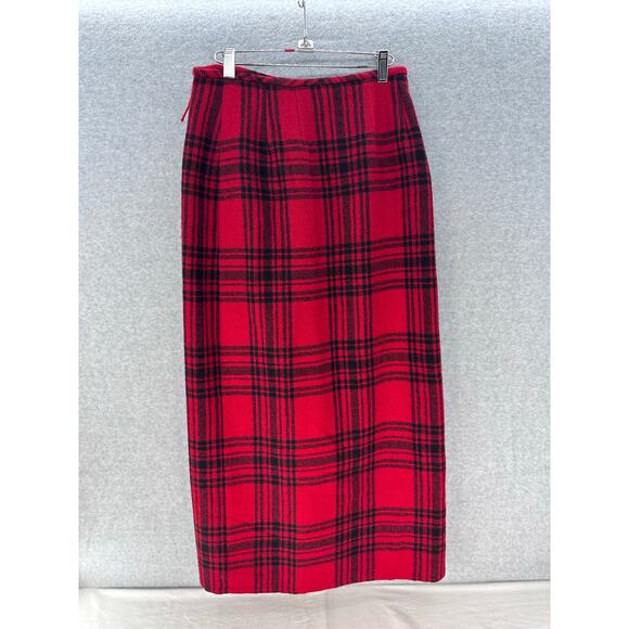VTG Eddie Bauer Women's sz 8 Wool Blend Red & Black Plaid Midi Skirt 90s Fringe - Picture 2 of 10